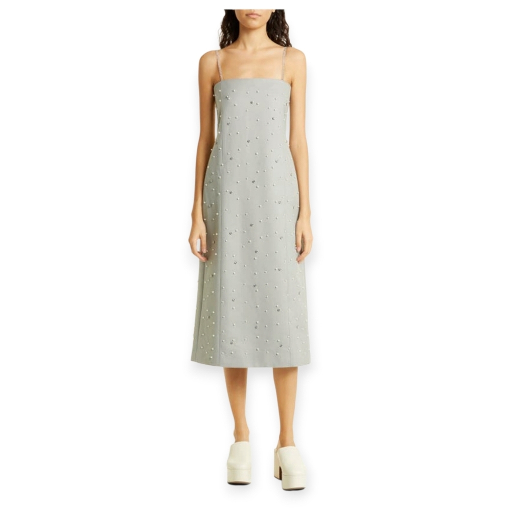 Stine Goya Aly‎ Gray Beaded  Rhinestone Strap Midi Dress In Crystal Clusters XXS